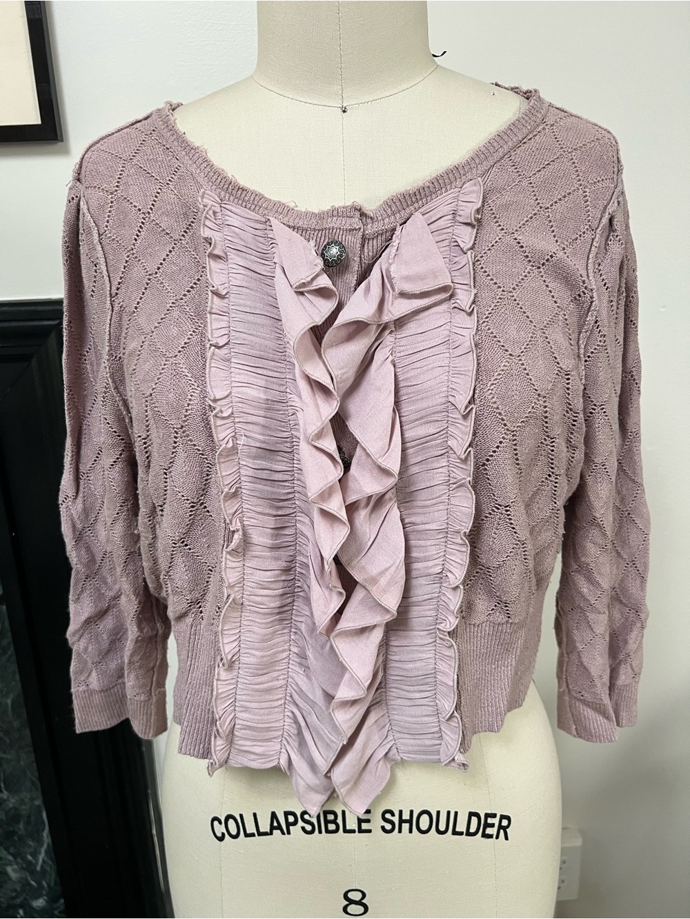 Free People Dusty Rose Ruffle Pointelle Cropped Cardigan Sweater Size